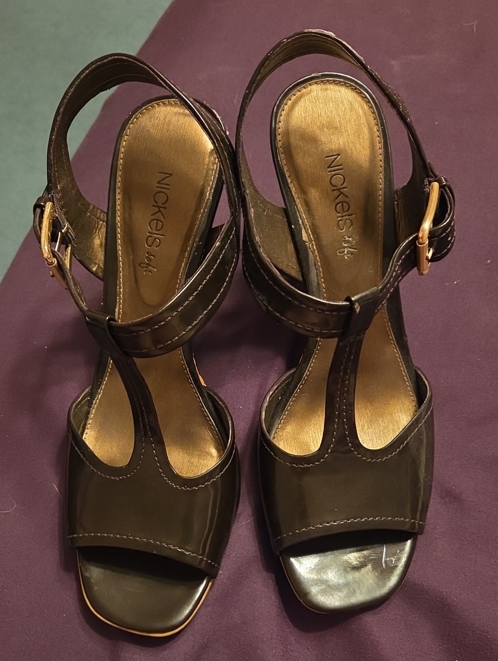 Nickels Dark Brown Leather T-Strap Heeled Sandals